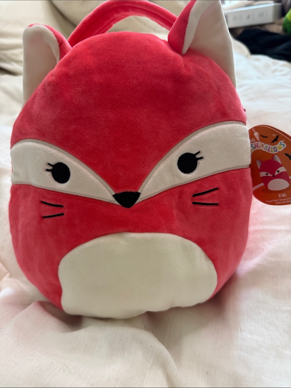 Squishmallows Plush Fox Trick or Treat bag. Bright red & Cream
